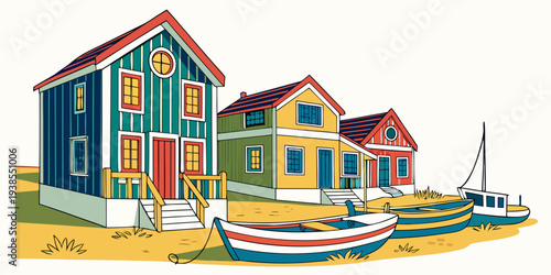 Colorful houses and boats on a beach Vector