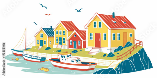 A colorful illustration of a seaside village with boats and houses Vector
