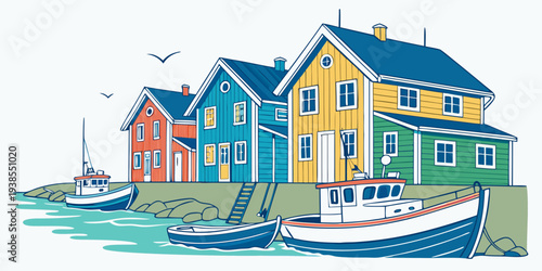 Colorful houses by the water with boats Vector