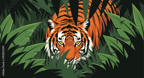 Tiger head peeking through lush green jungle leaves in rainforest