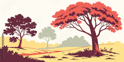 A colorful illustration of trees in a savannah Vector