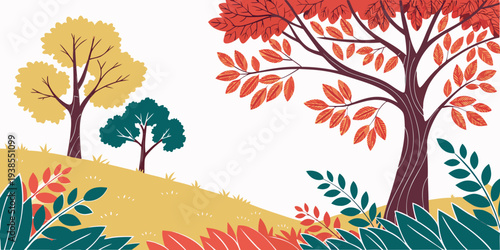 A colorful illustration of trees on a hillside during autumn Vector