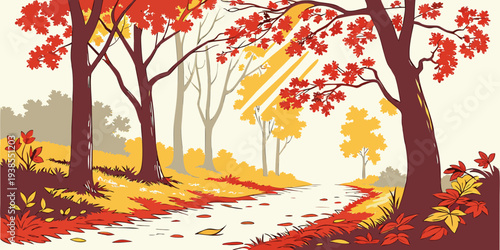 A pixel art illustration of a path through an autumnal forest Vector
