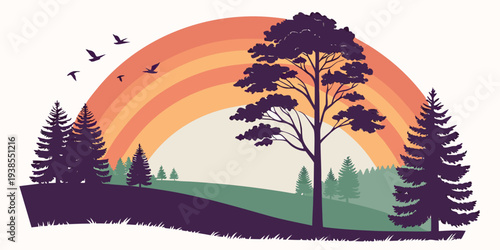A serene landscape with a rainbow and trees Vector