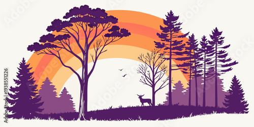A serene forest landscape at sunset with trees and a deer Vector
