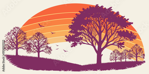 A serene landscape with trees at sunset Vector