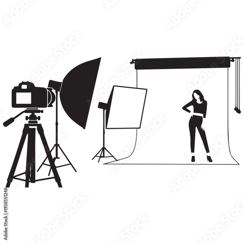 Professional studio setup for fashion photography with model
