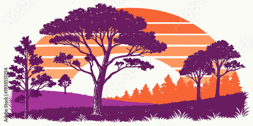 A purple and orange sunset with trees in the foreground Vector