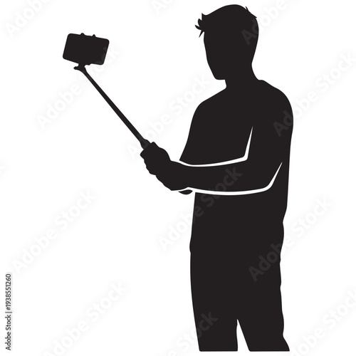 Man taking selfie with smartphone on selfie stick in black silhouette