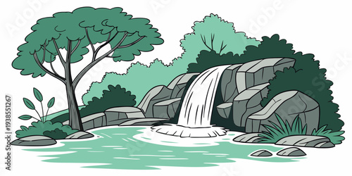 A serene waterfall scene with trees and rocks Vector