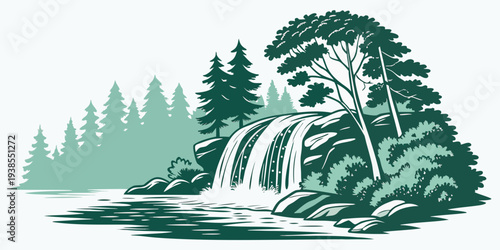 A serene forest landscape with a waterfall Vector
