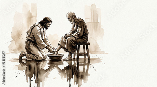 Jesus washing feet of old man in basin