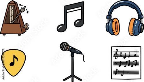 Flat cartoon vector close up grid of musical icons metronome microphone headphones guitar pick note sheet music outlined isolated
