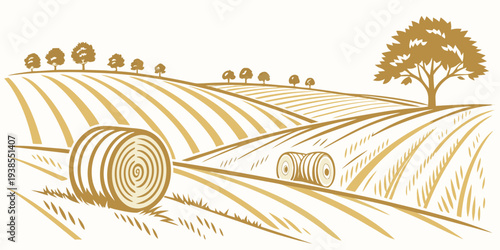 A gold colored drawing of a vineyard with a tree Vector