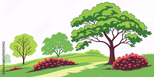 A serene landscape with trees and bushes on a green hill Vector