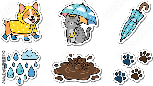 Cute sticker vector set featuring corgi in yellow raincoat looking happy and gray cat holding umbrella near muddy paw prints
