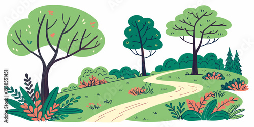 A winding path through a colorful park with trees and flowers Vector