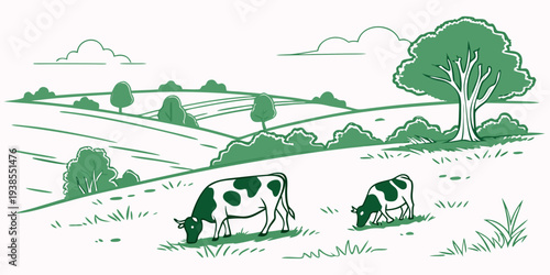 A green and white drawing of two cows in a field Vector