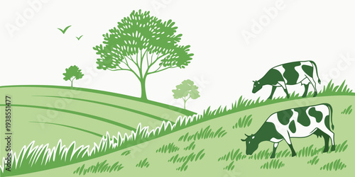 Cows grazing on a green hillside with trees Vector
