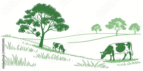 Cows grazing peacefully in a green meadow Vector