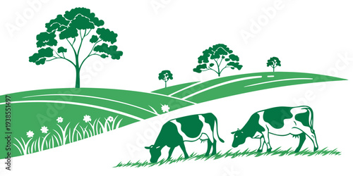 Cows grazing in a green field with trees Vector