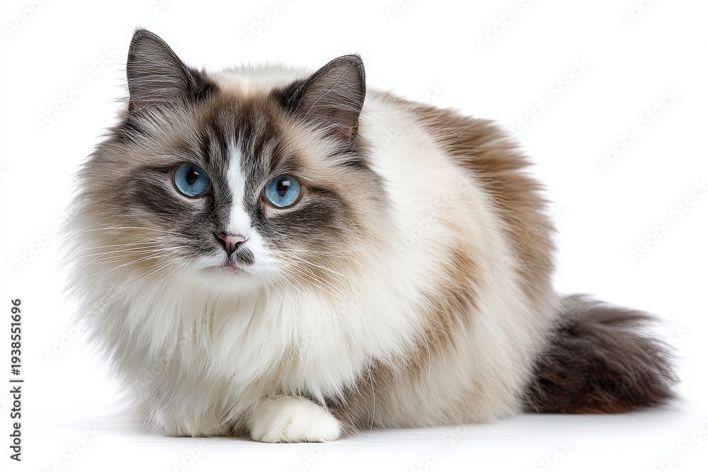 Fototapeta premium A fluffy ragdoll cat with striking blue eyes, posing in studio environment.