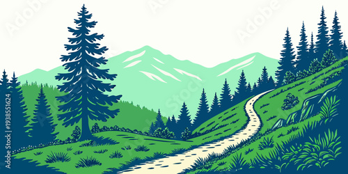 A winding road through a green forest and mountain range Vector
