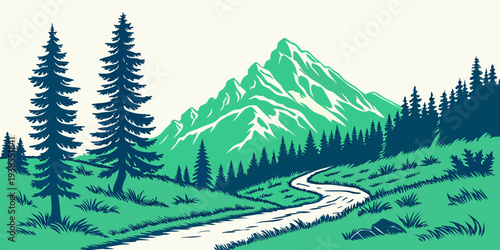 A serene mountain landscape with a winding river Vector