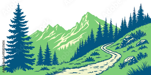 A serene mountain landscape with a winding road Vector