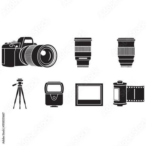Collection of professional photography equipment and accessories