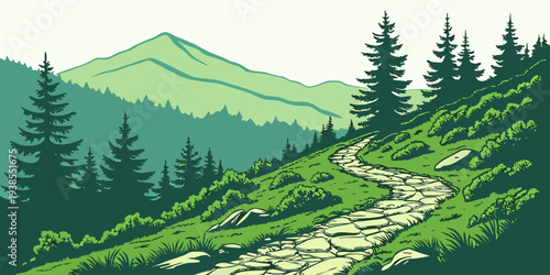 A pixel art image of a winding trail through a forest Vector