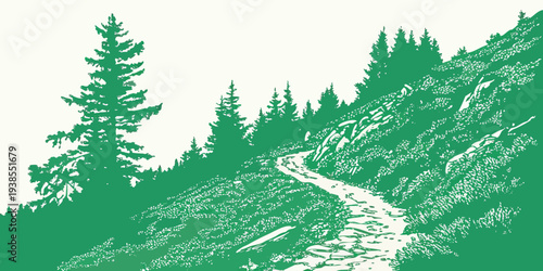 A green and white image of a forest with a path Vector