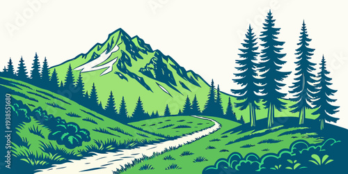 A serene mountain landscape with a winding road and trees Vector