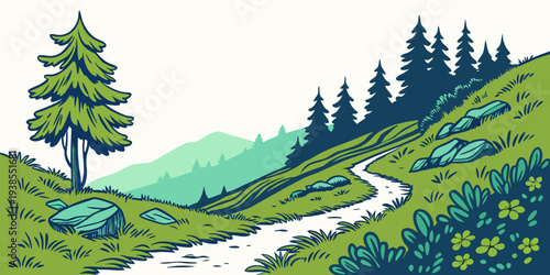 A serene landscape with a winding stream and trees on a hillside Vector