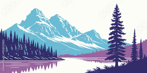 A serene mountain landscape with a lake and trees Vector