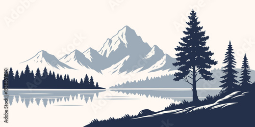 Serene mountain landscape with lake and trees Vector
