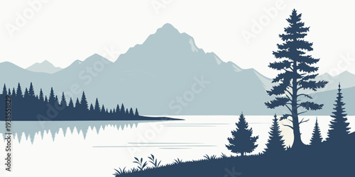 A serene landscape with mountains trees and a lake Vector