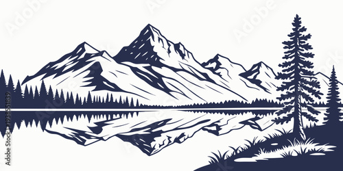 A serene mountain landscape with a lake and tree Vector
