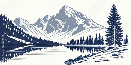 A serene lake scene with mountains and trees in the background Vector