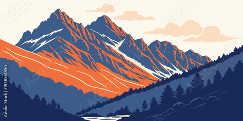A mountain range with orange and blue hues at sunrise Vector
