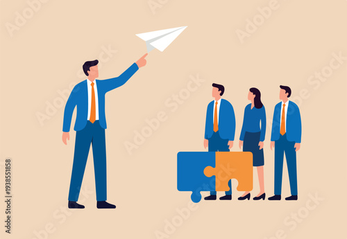 Mentor or support employee to success, manager to help or advice staff to reach goal, work coaching or adviser expert concept, businessman manager launching paper plane origami with team colleagues.