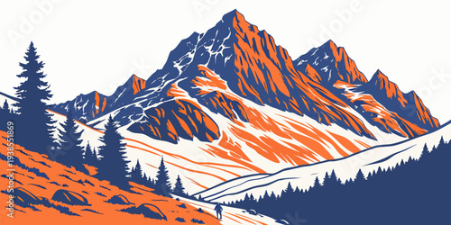 Snowy mountain landscape with trees and orange accents Vector
