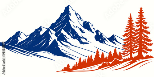 A blue and orange mountain landscape with trees Vector