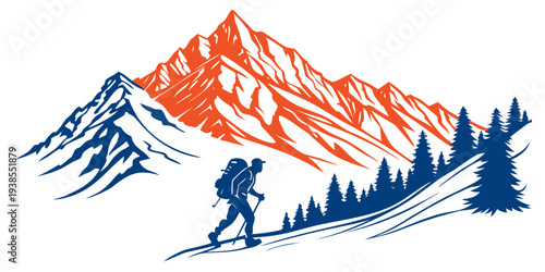 Hiker walking towards a mountain range with trees Vector