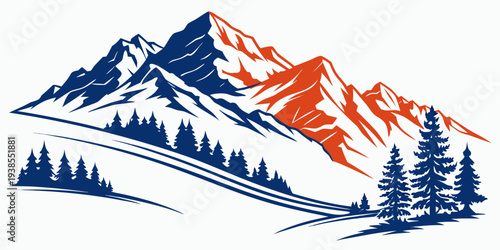 Mountain landscape with trees and snowy peaks Vector