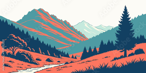 A serene mountain landscape with a winding road Vector
