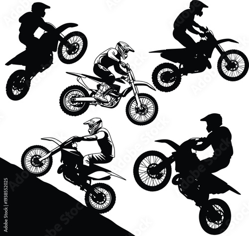 Motocross rider silhouettes, dirt bike stunts, extreme sports action, dynamic poses, off-road biking, adrenaline jumps, black and white artwork