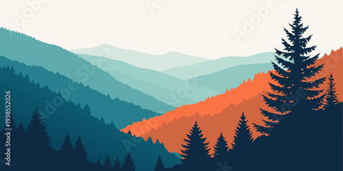 A colorful illustration of mountains and trees in the background Vector