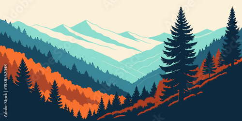 A pixel art landscape of a mountain range with trees Vector