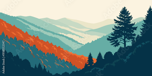A colorful mountain landscape with trees and hills Vector